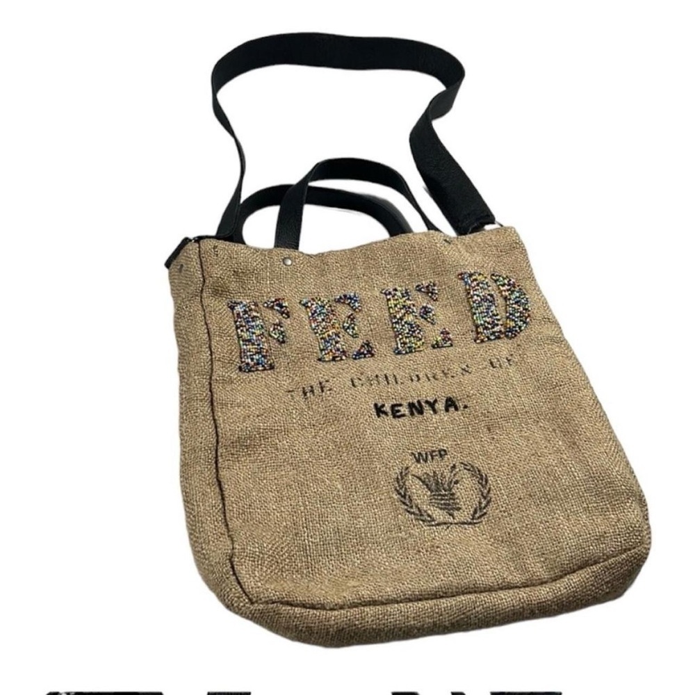 π FEED Kenya Africa Bag | Beaded Burlap Reversible Tote | WFP Artisan Crossbody - Picture 2 of 9